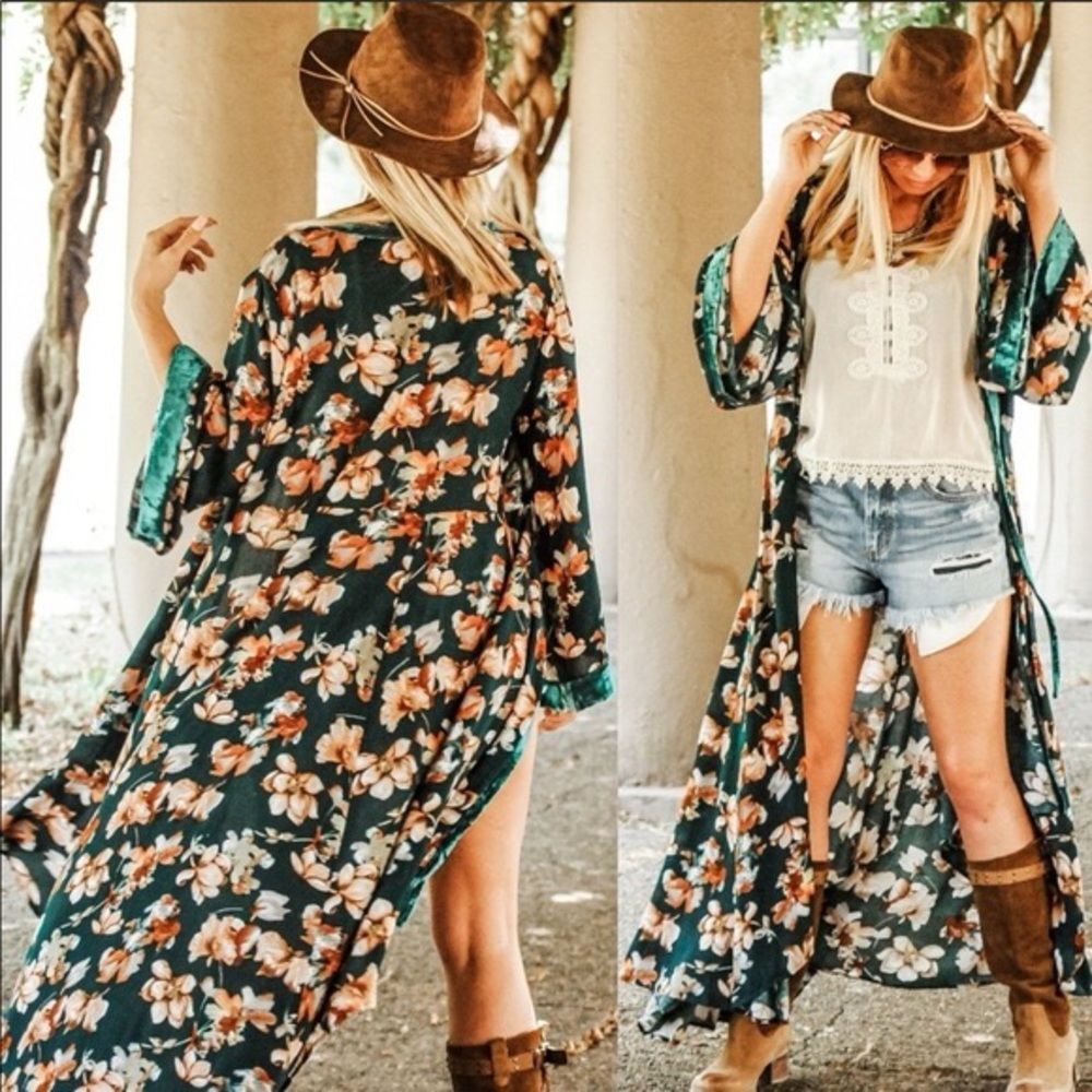 Laylati Boho Floral Long Tie Detail Velvet Trim Kimono